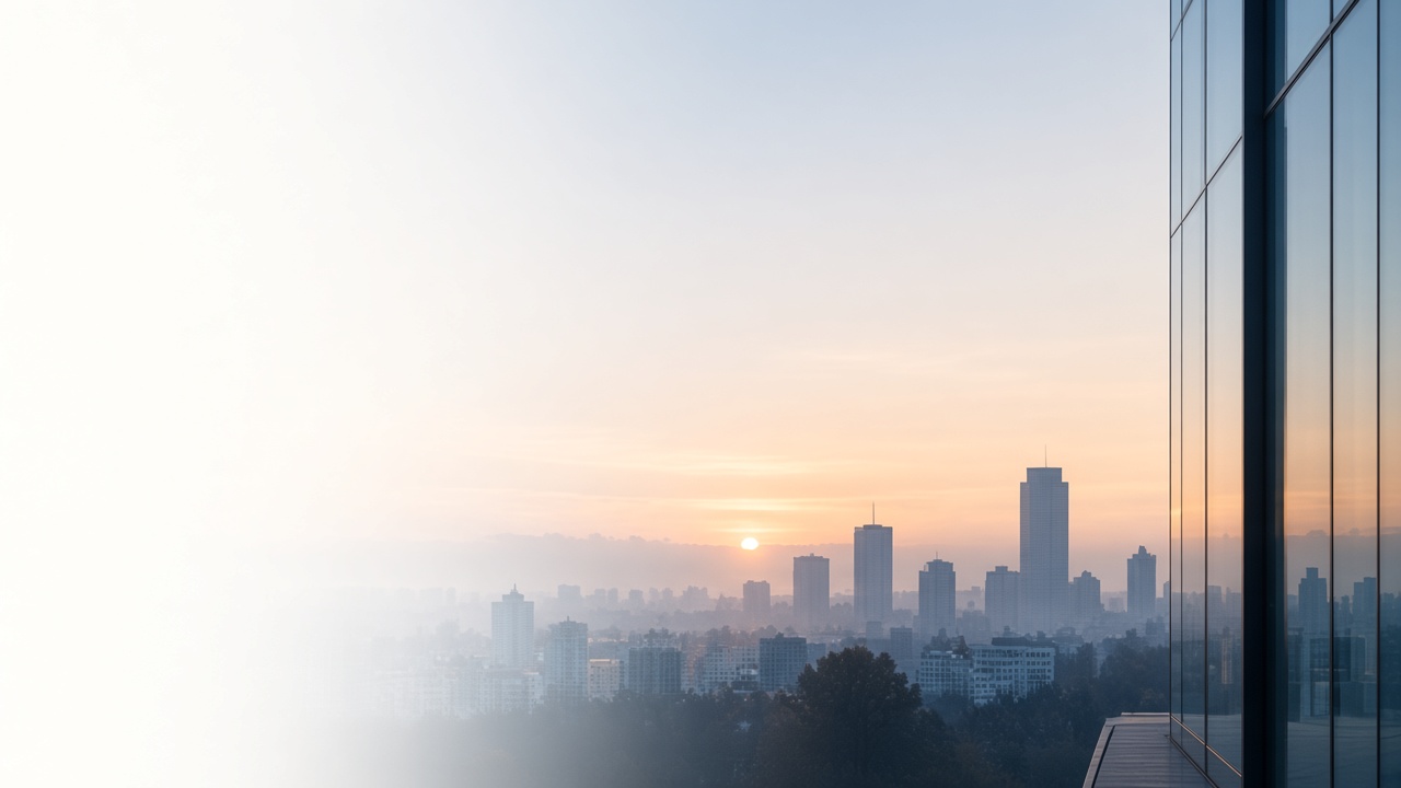 A city skyline at sunrise, seen beside a glass facade